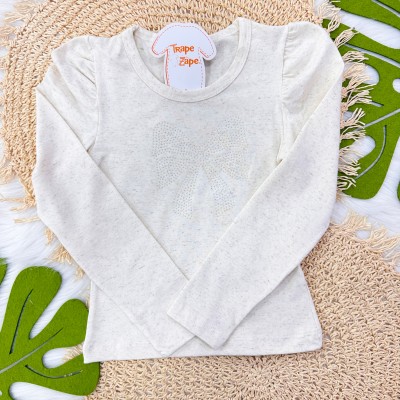  Conj. Blusa Manga Longa de Linho com Laço de Strass e Calça de Moletom - Areia e Rose